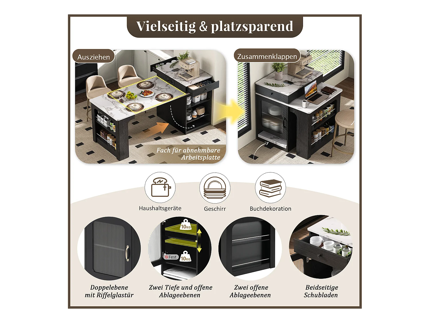 Tavolo da bar allungabile con piano removibile - 80 x 71/111/151 x 92 cm - con anta + cassetto - MDF + vetro - bianco + nero