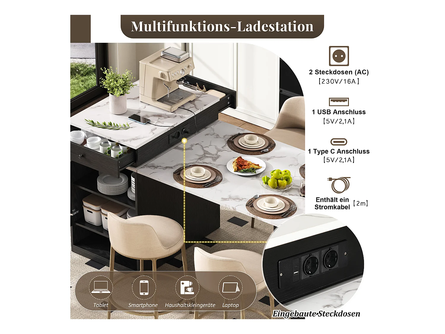 Tavolo da bar allungabile con piano removibile - 80 x 71/111/151 x 92 cm - con anta + cassetto - MDF + vetro - bianco + nero