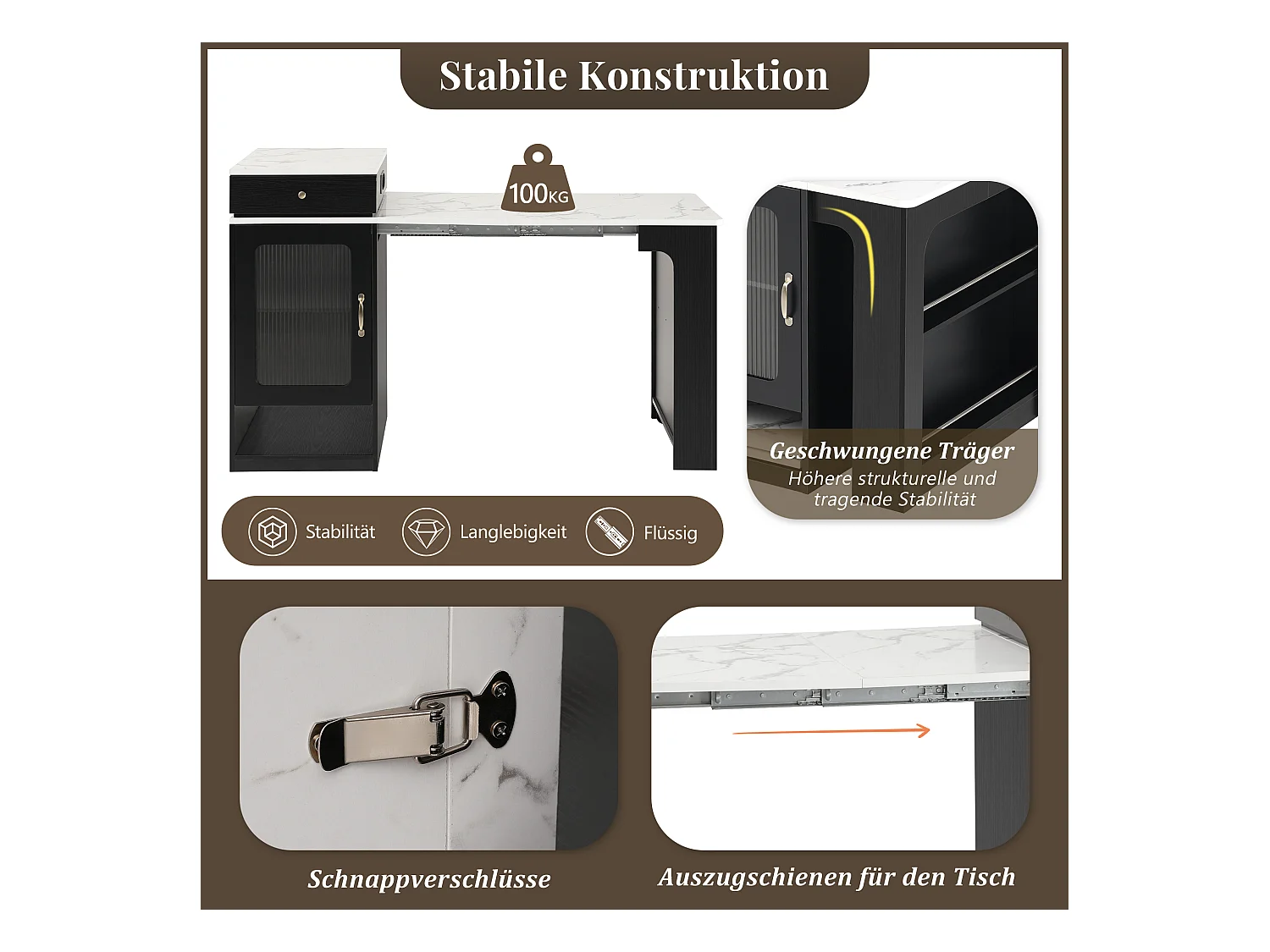 Tavolo da bar allungabile con piano removibile - 80 x 71/111/151 x 92 cm - con anta + cassetto - MDF + vetro - bianco + nero