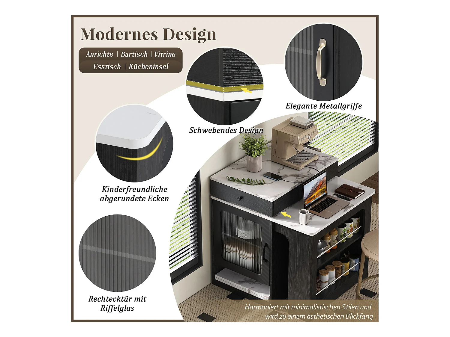 Tavolo da bar allungabile con piano removibile - 80 x 71/111/151 x 92 cm - con anta + cassetto - MDF + vetro - bianco + nero