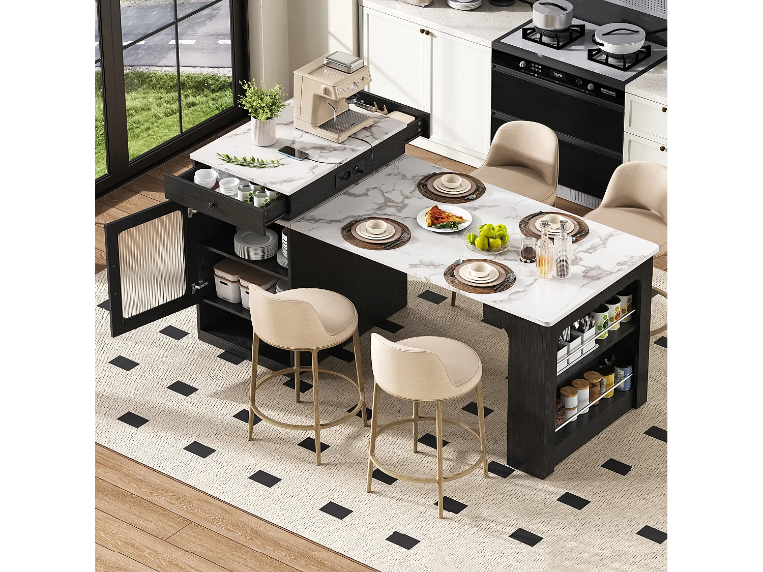 Tavolo da bar allungabile con piano removibile - 80 x 71/111/151 x 92 cm - con anta + cassetto - MDF + vetro - bianco + nero