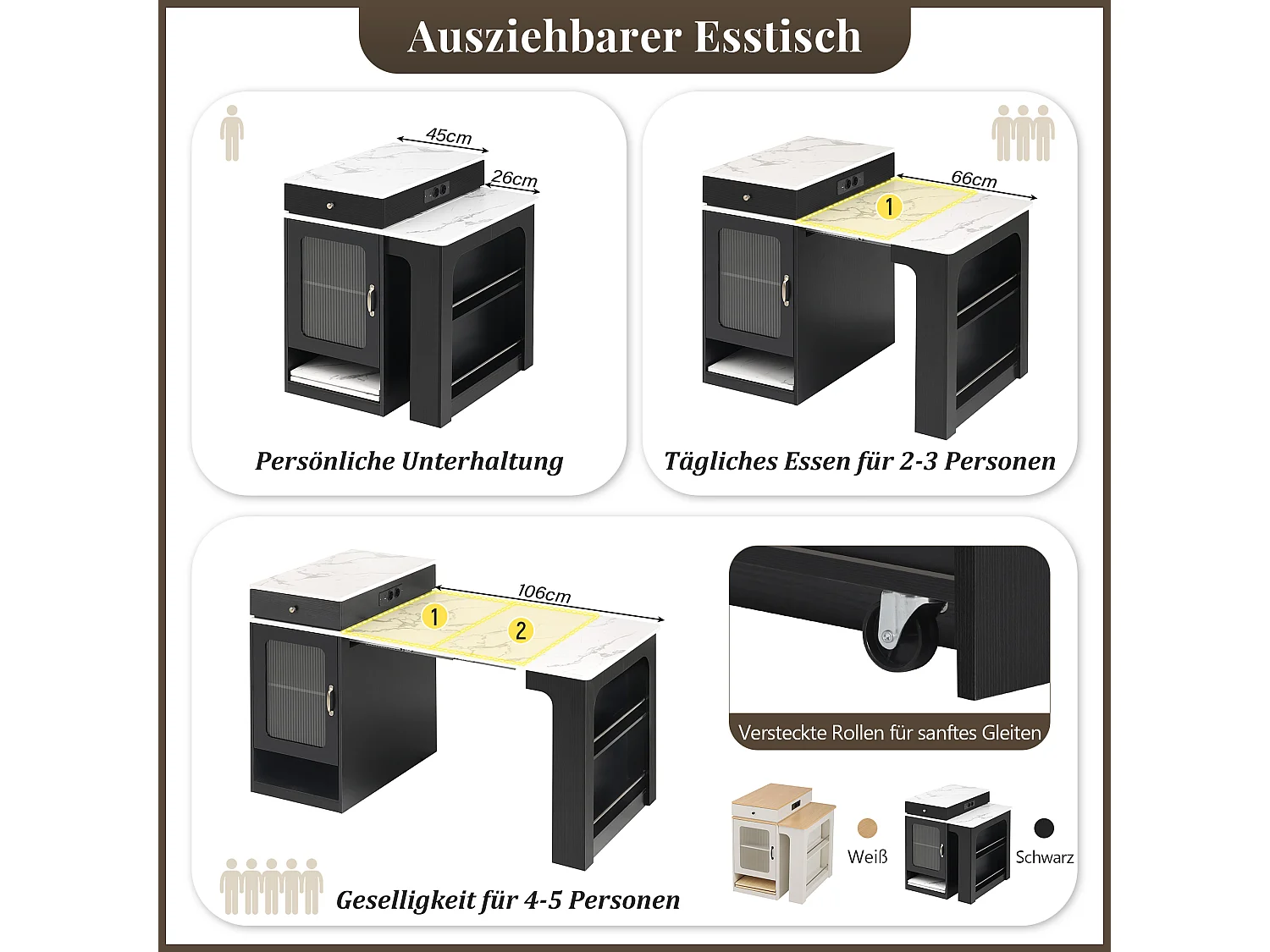 Tavolo da bar allungabile con piano removibile - 80 x 71/111/151 x 92 cm - con anta + cassetto - MDF + vetro - bianco + nero