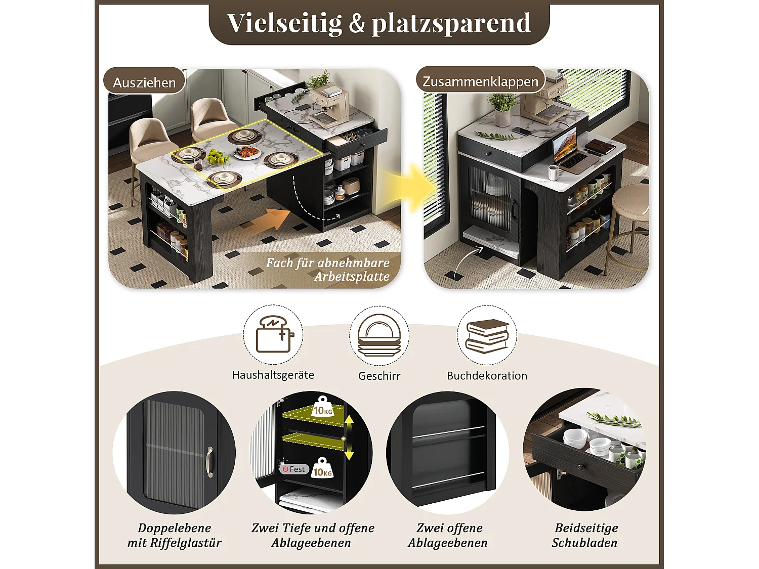 Tavolo da bar allungabile con piano removibile - 80 x 71/111/151 x 92 cm - con anta + cassetto - MDF + vetro - bianco + nero