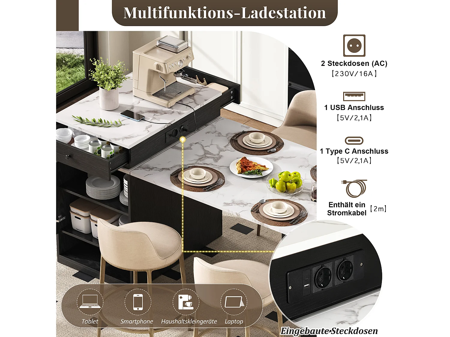 Tavolo da bar allungabile con piano removibile - 80 x 71/111/151 x 92 cm - con anta + cassetto - MDF + vetro - bianco + nero