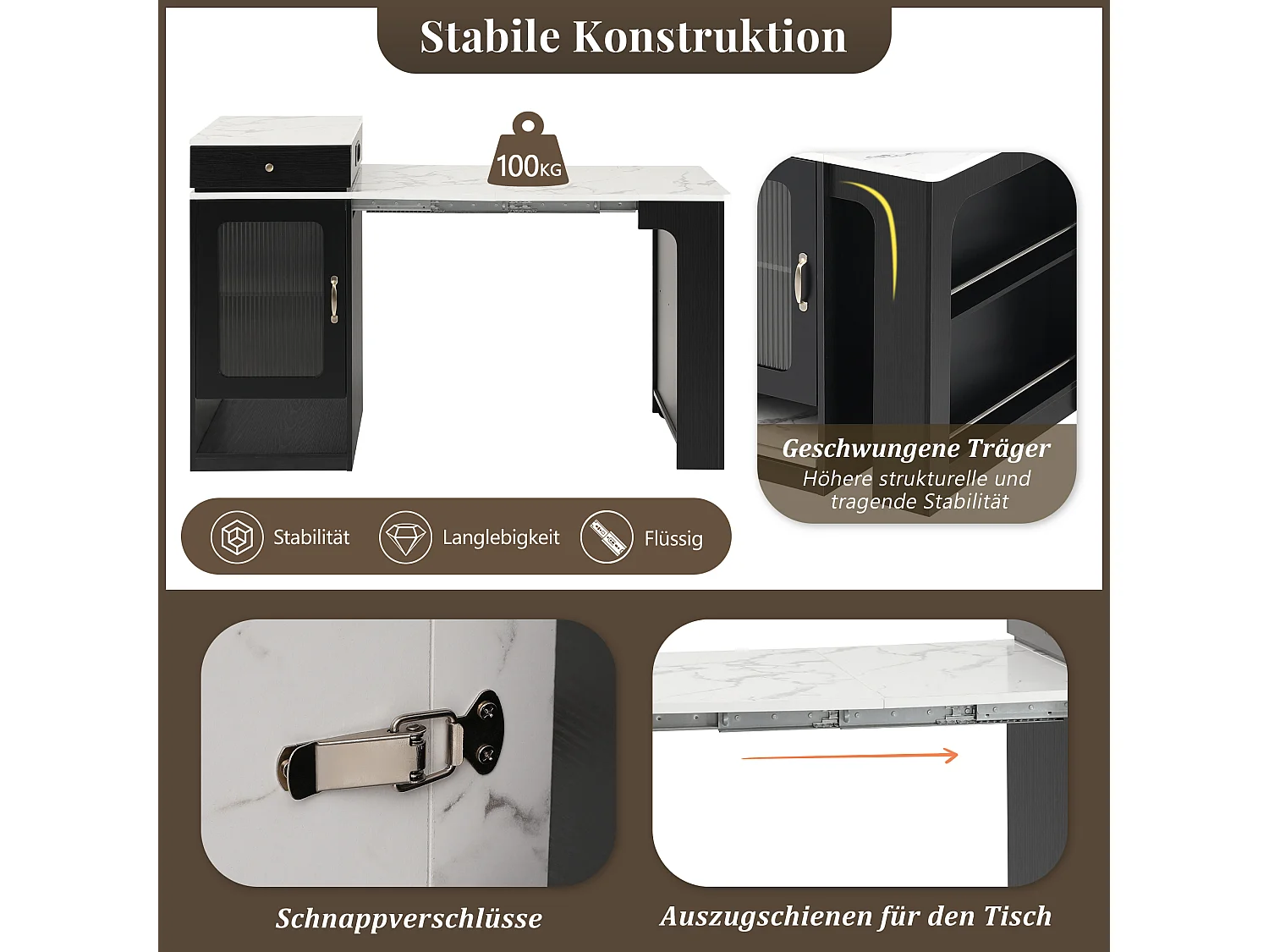 Tavolo da bar allungabile con piano removibile - 80 x 71/111/151 x 92 cm - con anta + cassetto - MDF + vetro - bianco + nero