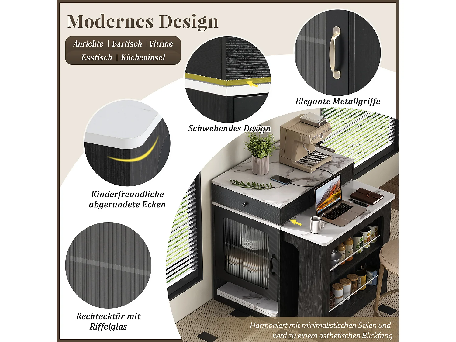 Tavolo da bar allungabile con piano removibile - 80 x 71/111/151 x 92 cm - con anta + cassetto - MDF + vetro - bianco + nero