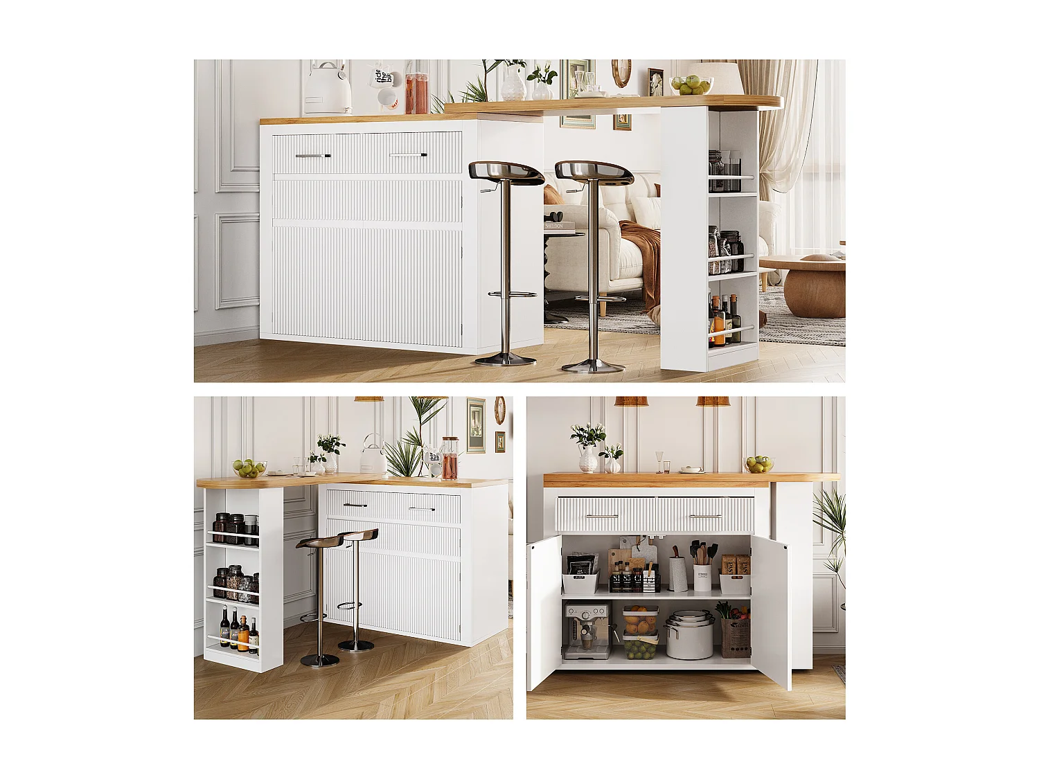 Mesa de bar móvil extensible - 137-215 x 39 x 102,3 cm - con 1 cajón + 2 puertas - MDF - blanco