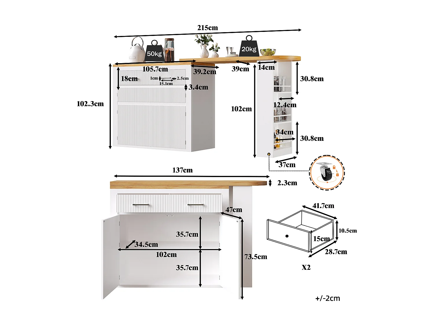 Mesa de bar móvil extensible - 137-215 x 39 x 102,3 cm - con 1 cajón + 2 puertas - MDF - blanco