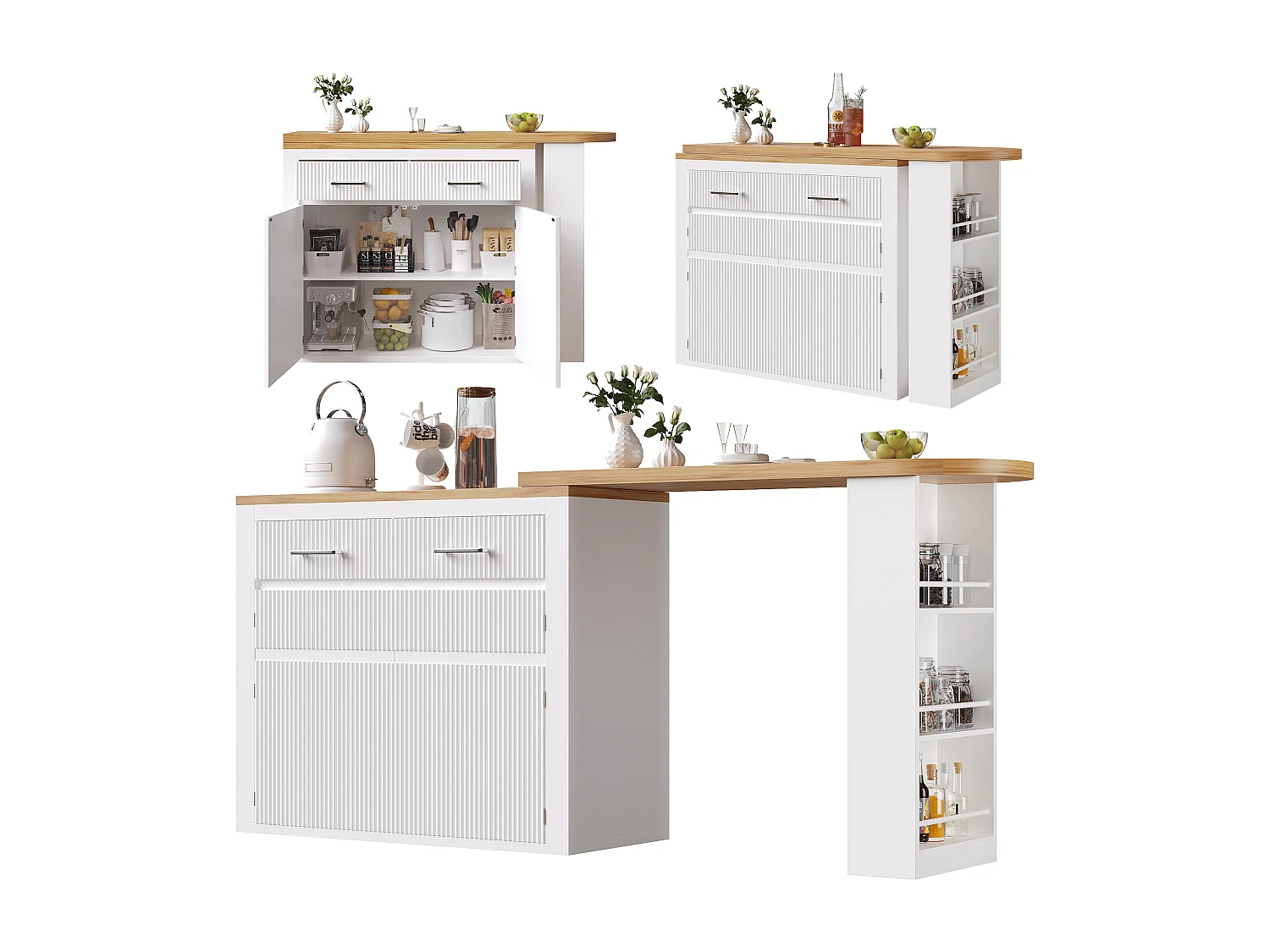 Mesa de bar móvil extensible - 137-215 x 39 x 102,3 cm - con 1 cajón + 2 puertas - MDF - blanco