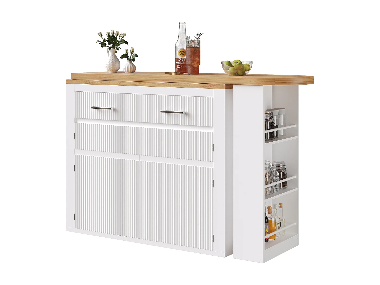 Mesa de bar móvil extensible - 137-215 x 39 x 102,3 cm - con 1 cajón + 2 puertas - MDF - blanco