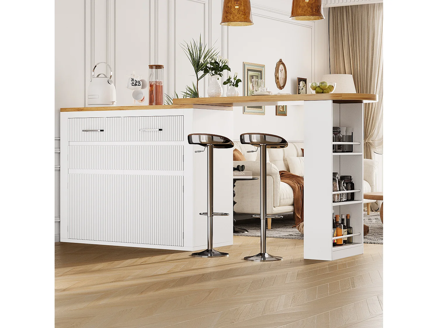 Table de bar mobile extensible - 137-215 x 39 x 102.3 cm - avec 1 tiroir + 2 portes - MDF - blanc