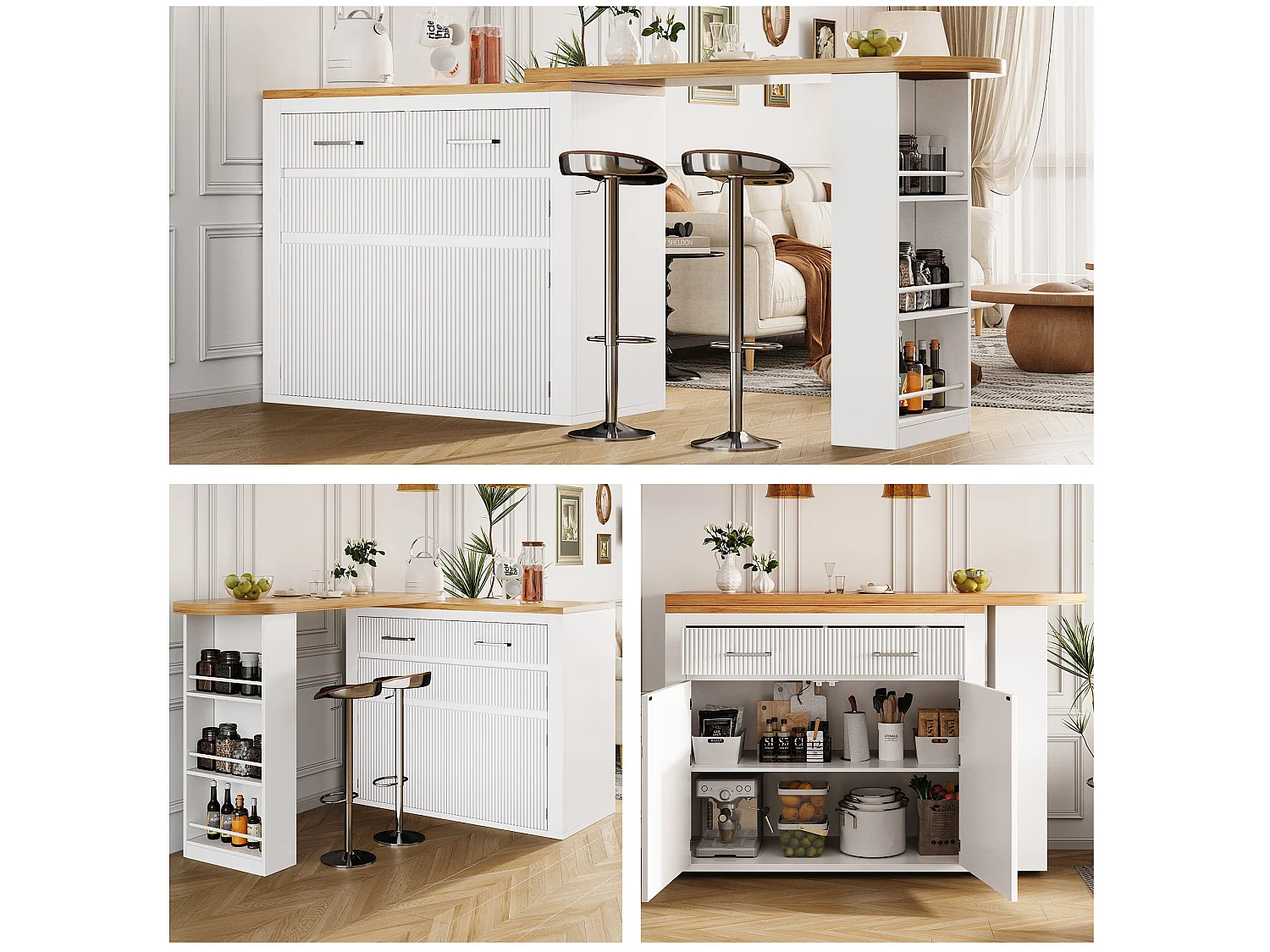 Tavolo bar mobile estensibile - 137-215 x 39 x 102,3 cm - con 1 cassetto + 2 ante - MDF - bianco