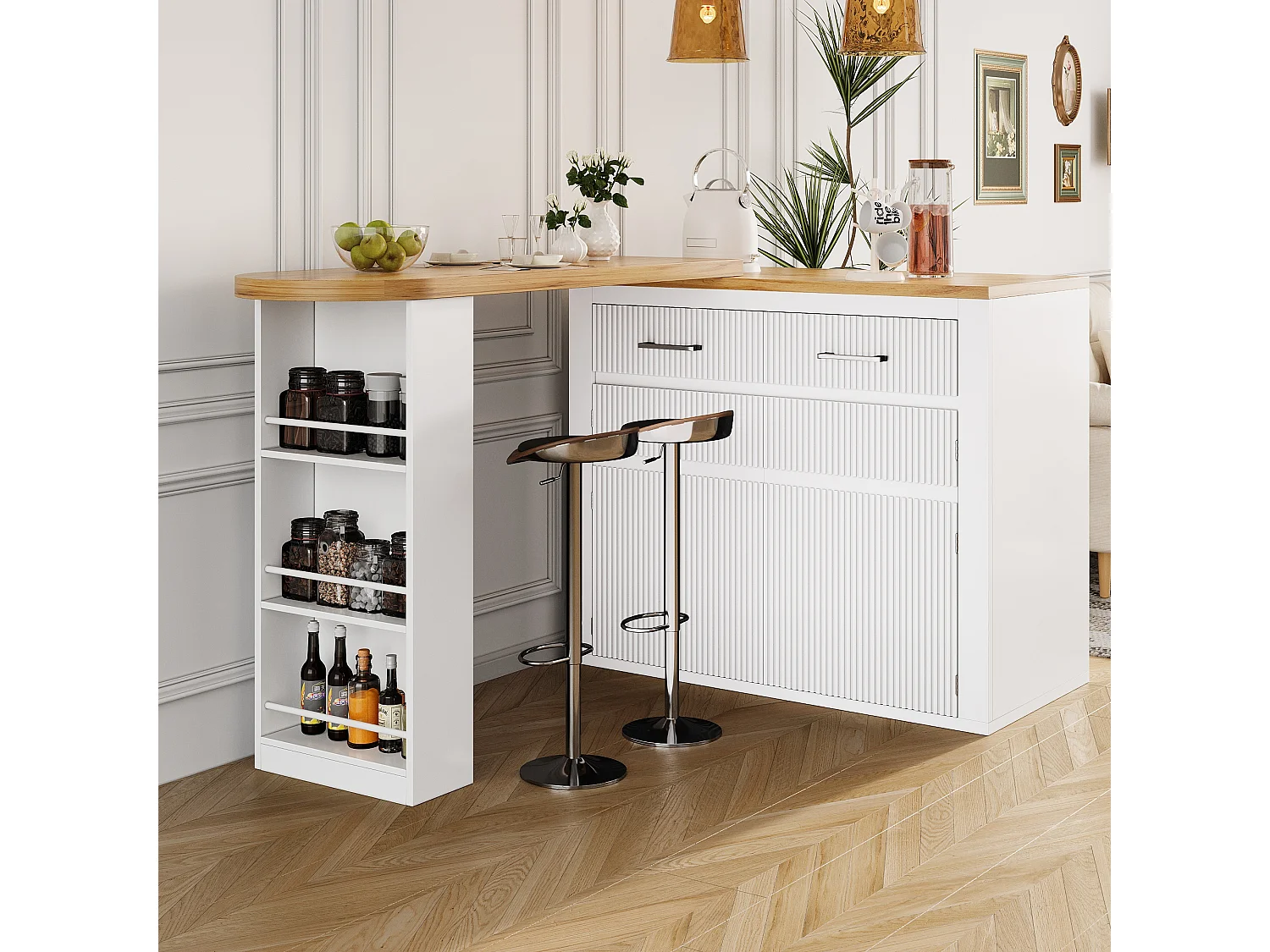 Tavolo bar mobile estensibile - 137-215 x 39 x 102,3 cm - con 1 cassetto + 2 ante - MDF - bianco