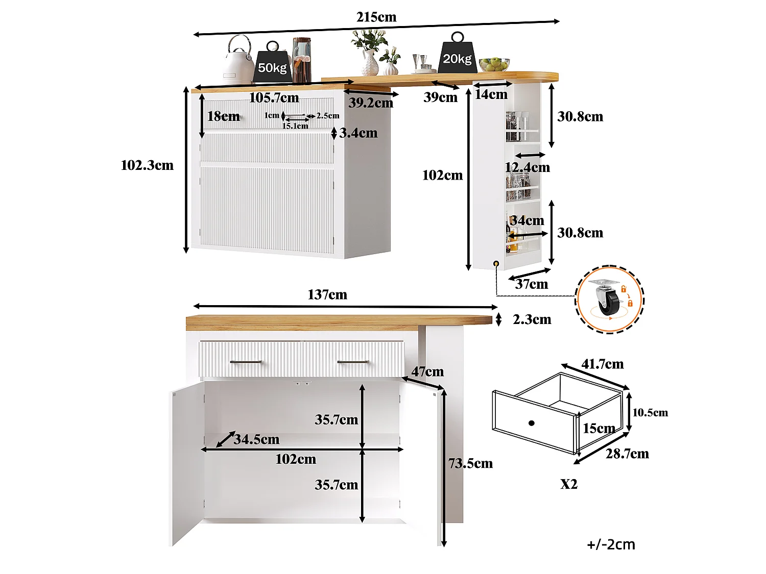 Tavolo bar mobile estensibile - 137-215 x 39 x 102,3 cm - con 1 cassetto + 2 ante - MDF - bianco