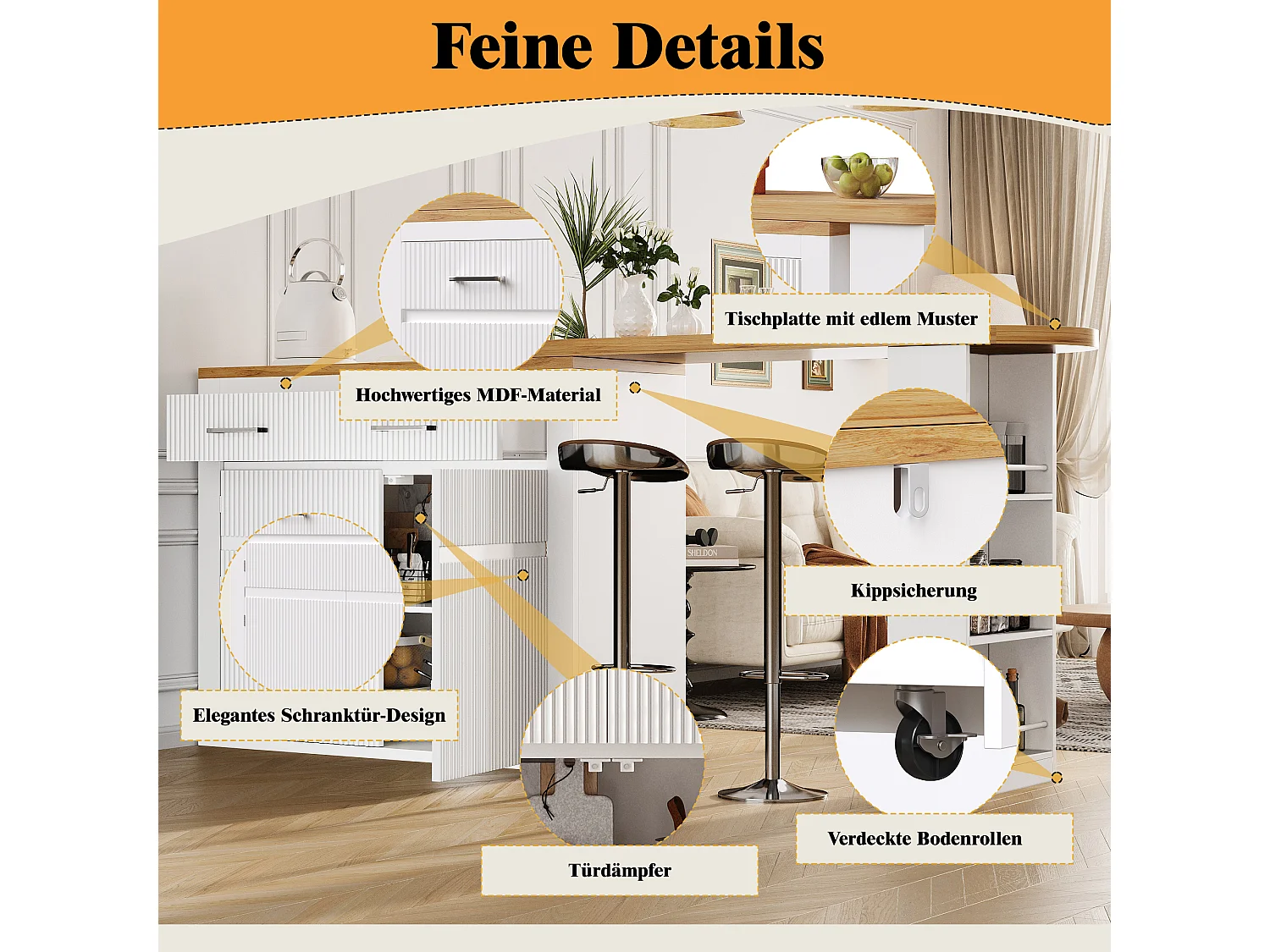Tavolo bar mobile estensibile - 137-215 x 39 x 102,3 cm - con 1 cassetto + 2 ante - MDF - bianco