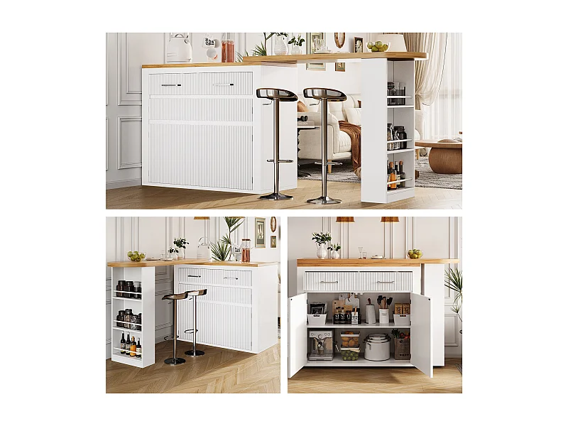 Table de bar mobile extensible - 137-215 x 39 x 102.3 cm - avec 1 tiroir + 2 portes - MDF - blanc