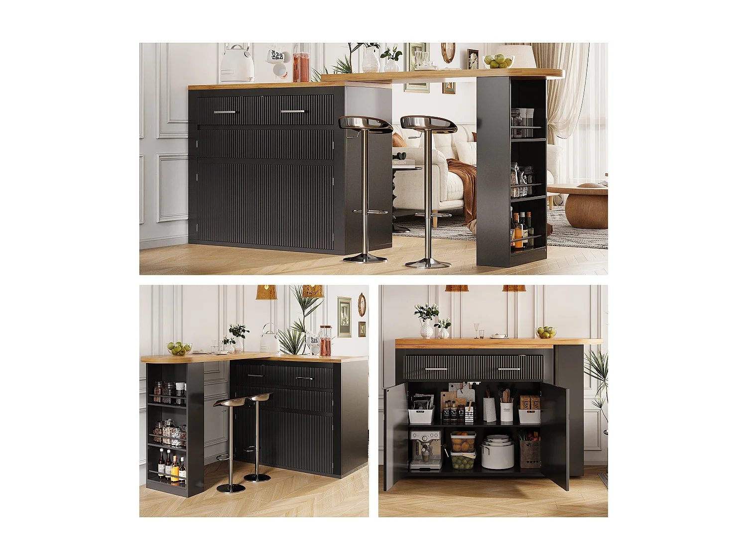 Table de bar mobile extensible - 137-215 x 39 x 102.3 cm - avec 1 tiroir + 2 portes - MDF - noir