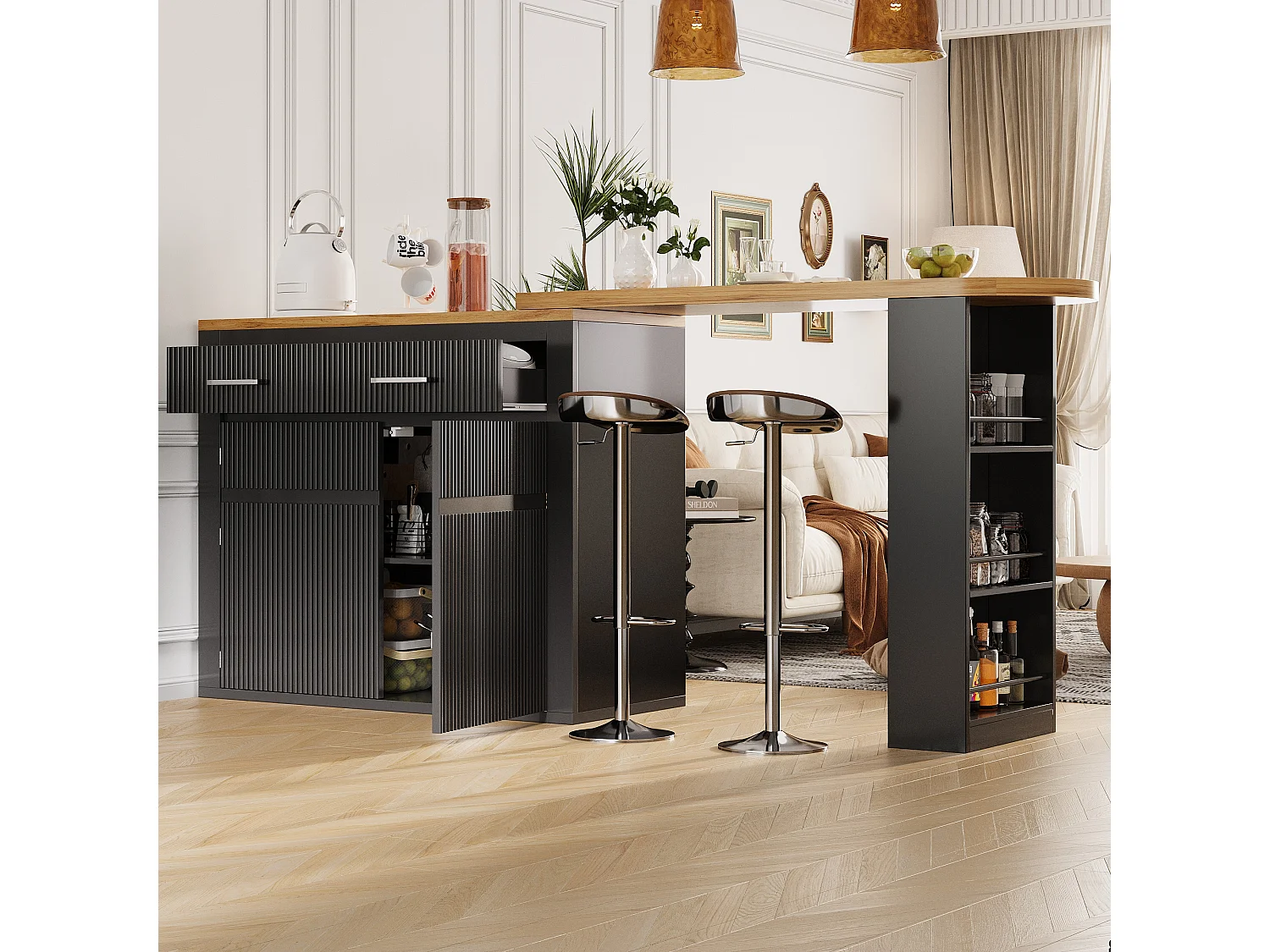 Table de bar mobile extensible - 137-215 x 39 x 102.3 cm - avec 1 tiroir + 2 portes - MDF - noir