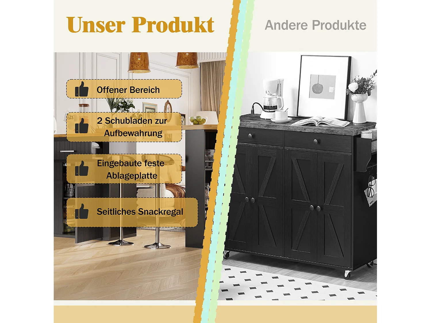 Table de bar mobile extensible - 137-215 x 39 x 102.3 cm - avec 1 tiroir + 2 portes - MDF - noir