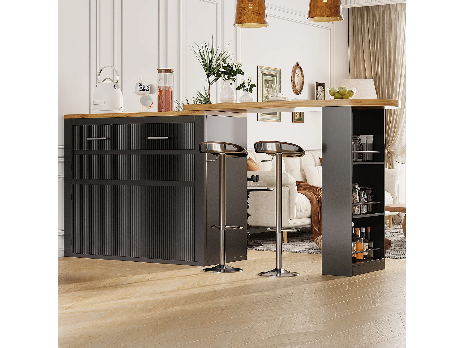 Table de bar mobile extensible - 137-215 x 39 x 102.3 cm - avec 1 tiroir + 2 portes - MDF - noir