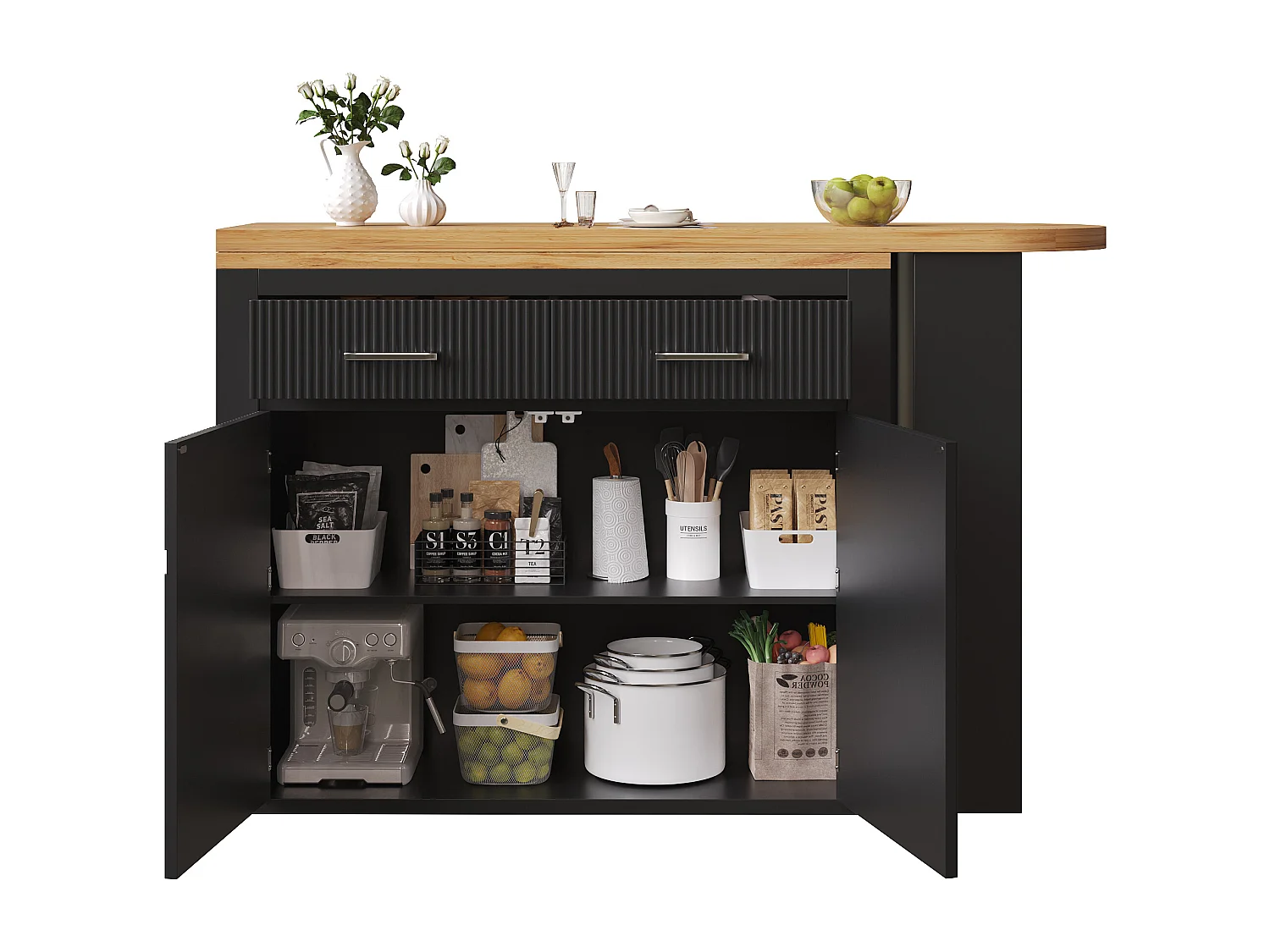 Table de bar mobile extensible - 137-215 x 39 x 102.3 cm - avec 1 tiroir + 2 portes - MDF - noir