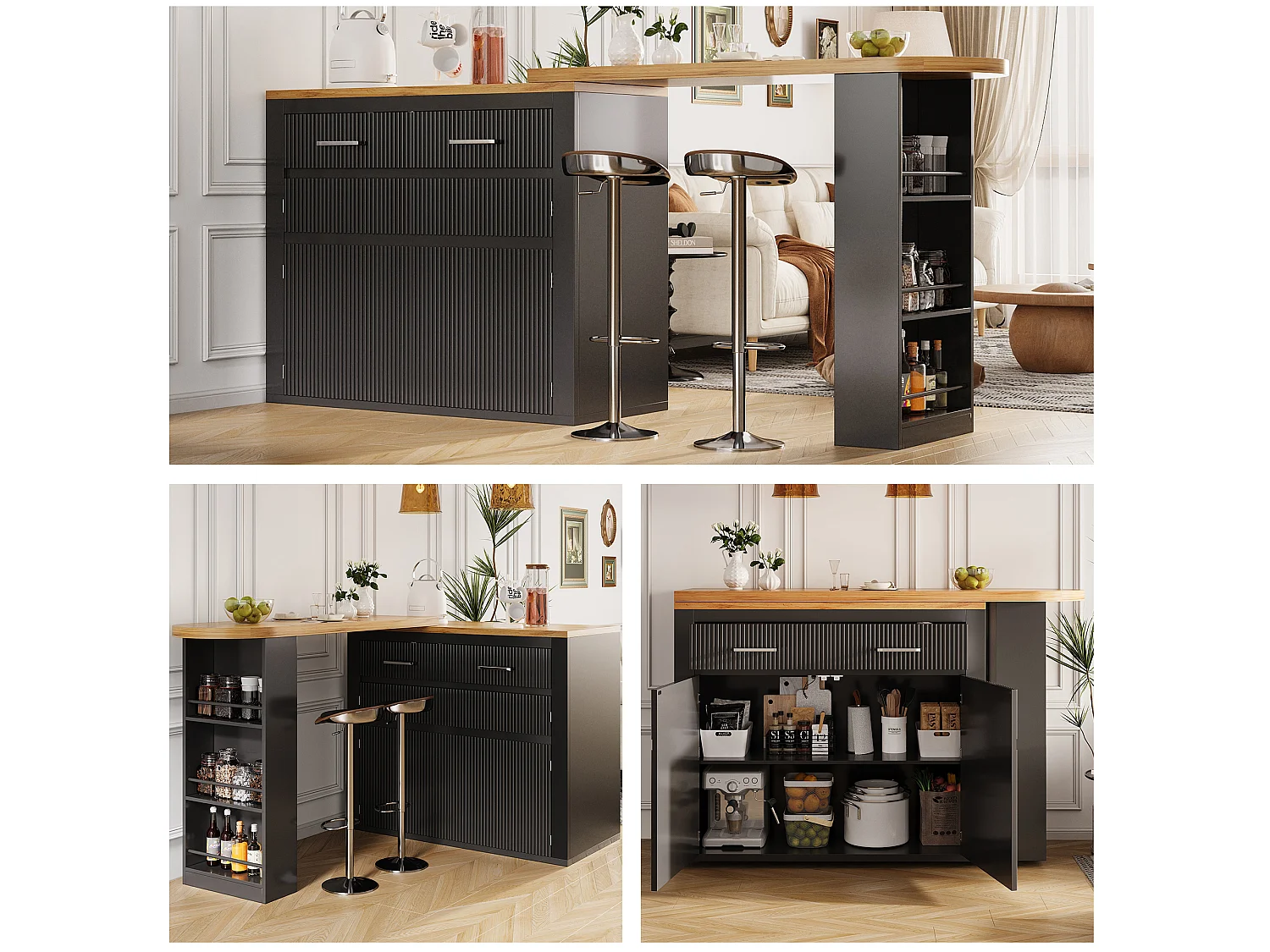 Tavolo bar mobile estensibile - 137-215 x 39 x 102,3 cm - con 1 cassetto + 2 ante - MDF - nero
