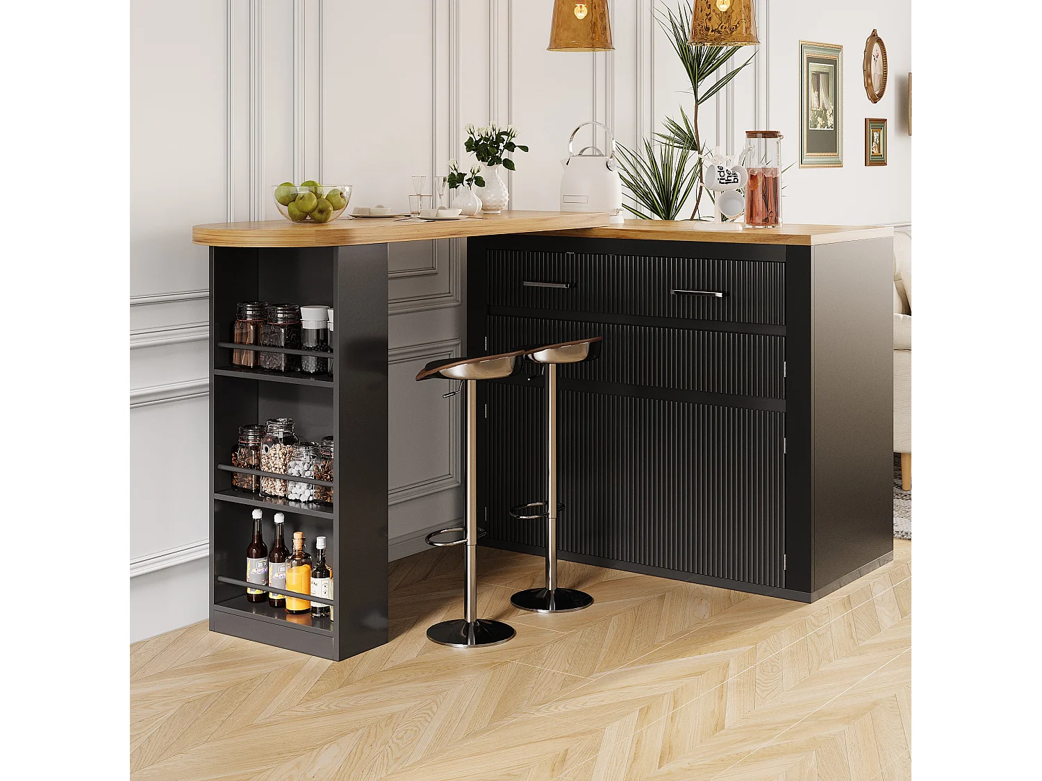 Tavolo bar mobile estensibile - 137-215 x 39 x 102,3 cm - con 1 cassetto + 2 ante - MDF - nero