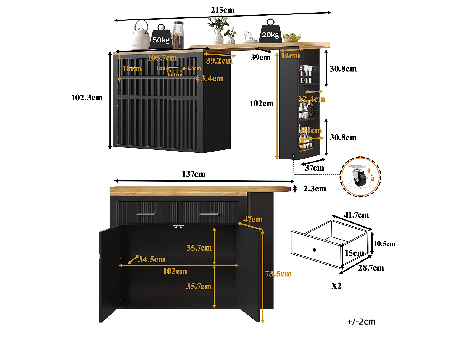 Tavolo bar mobile estensibile - 137-215 x 39 x 102,3 cm - con 1 cassetto + 2 ante - MDF - nero