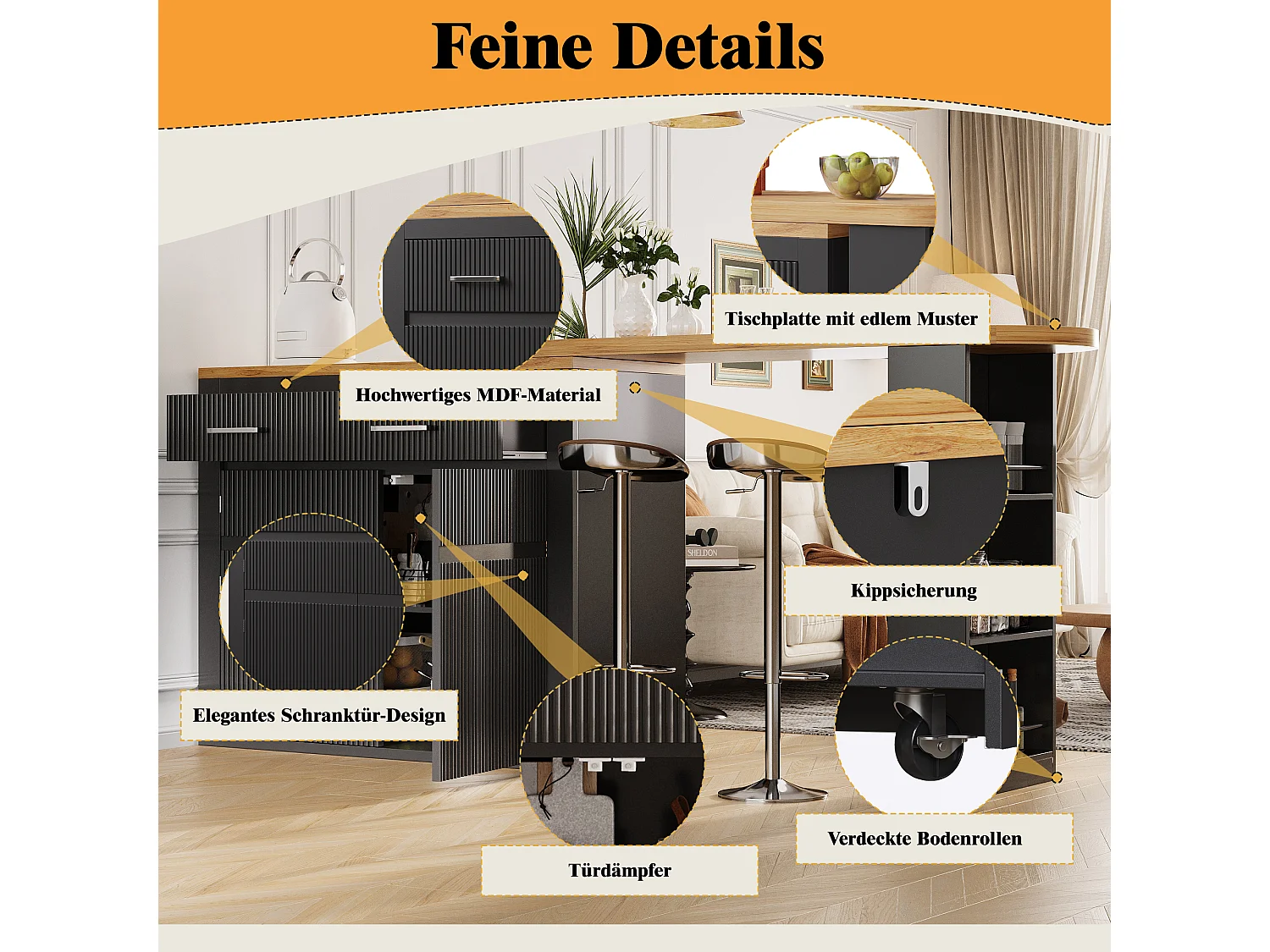 Tavolo bar mobile estensibile - 137-215 x 39 x 102,3 cm - con 1 cassetto + 2 ante - MDF - nero