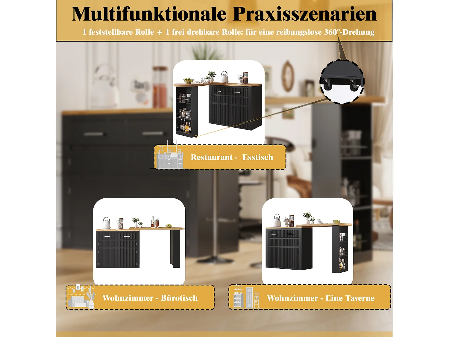 Tavolo bar mobile estensibile - 137-215 x 39 x 102,3 cm - con 1 cassetto + 2 ante - MDF - nero
