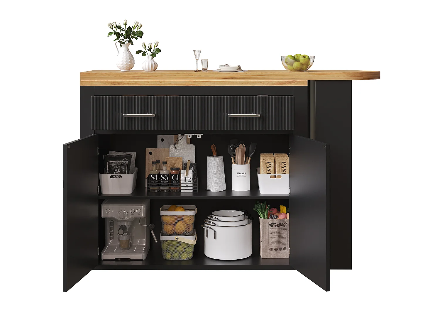 Tavolo bar mobile estensibile - 137-215 x 39 x 102,3 cm - con 1 cassetto + 2 ante - MDF - nero