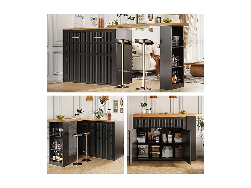 Table de bar mobile extensible - 137-215 x 39 x 102.3 cm - avec 1 tiroir + 2 portes - MDF - noir