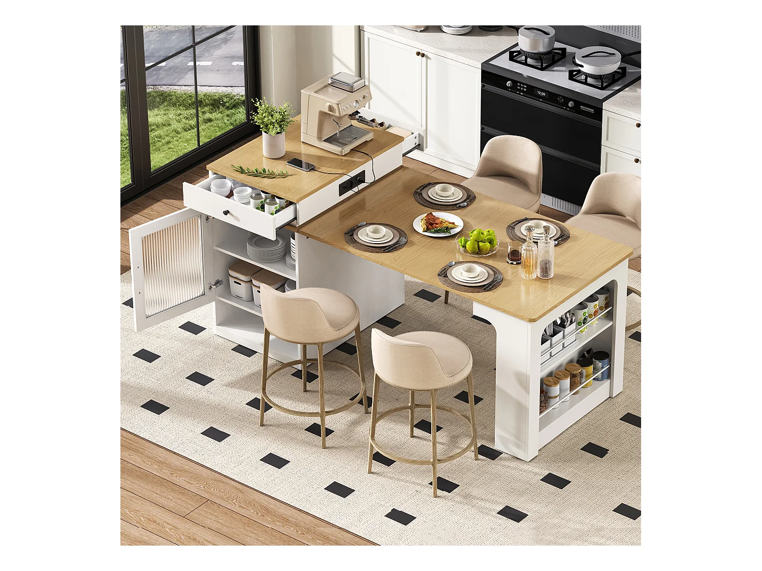 Table de bar extensible avec plateau amovible - 80 x 71/111/151 x 92 cm - avec porte + tiroir - MDF + verre - blanc + naturel