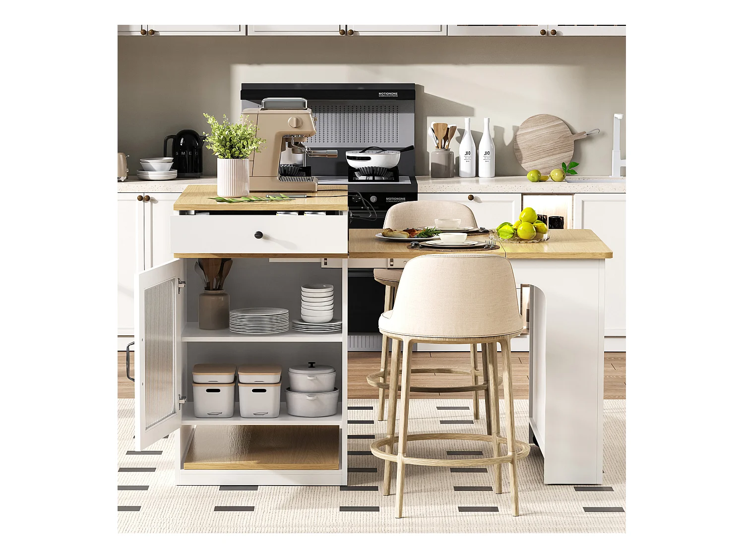 Table de bar extensible avec plateau amovible - 80 x 71/111/151 x 92 cm - avec porte + tiroir - MDF + verre - blanc + naturel