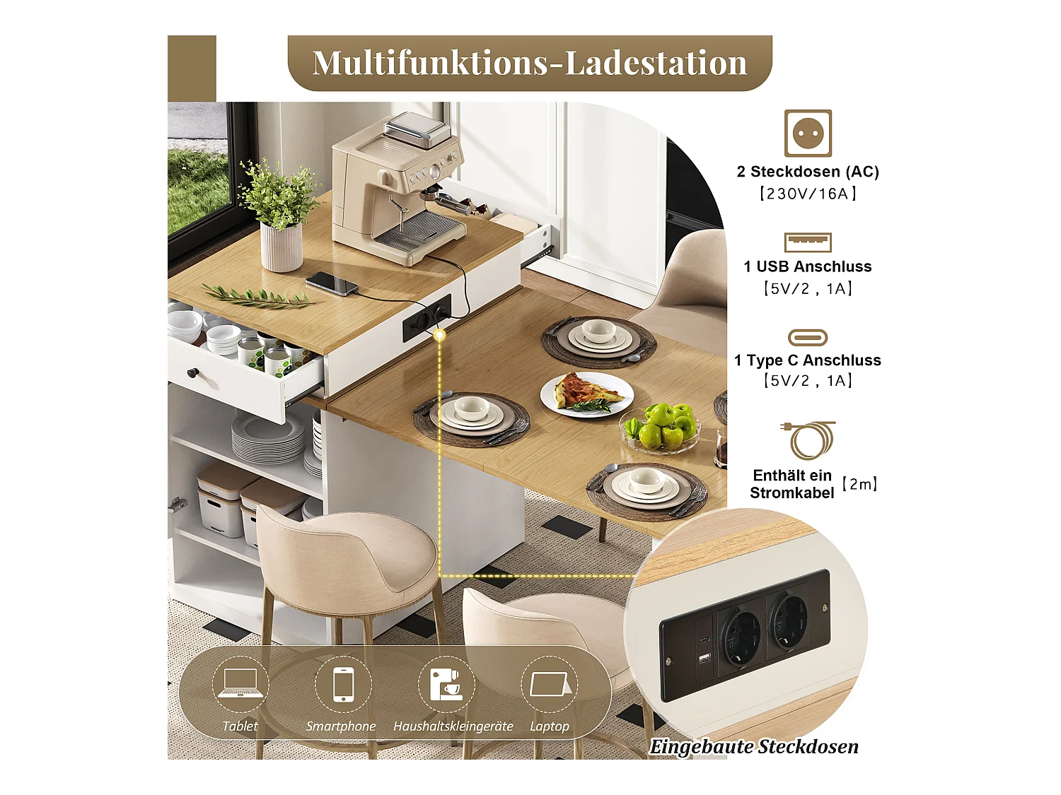 Table de bar extensible avec plateau amovible - 80 x 71/111/151 x 92 cm - avec porte + tiroir - MDF + verre - blanc + naturel