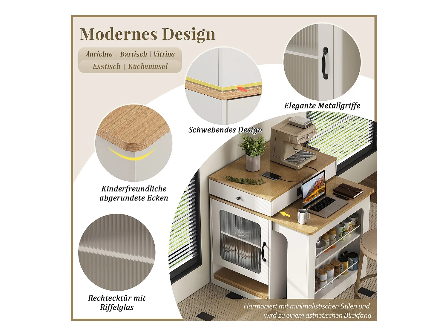 Uitschuifbare bartafel met afneembaar blad - 80 x 71/111/151 x 92 cm - met deur + lade - MDF + glas - wit + naturel