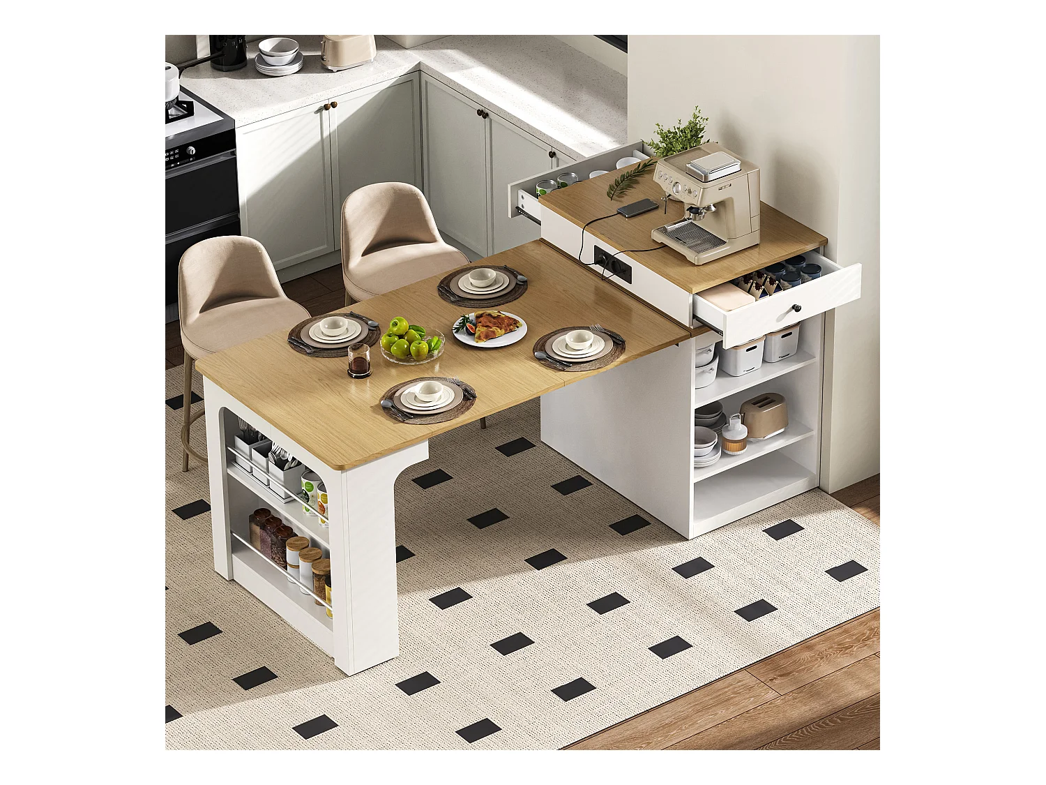 Uitschuifbare bartafel met afneembaar blad - 80 x 71/111/151 x 92 cm - met deur + lade - MDF + glas - wit + naturel