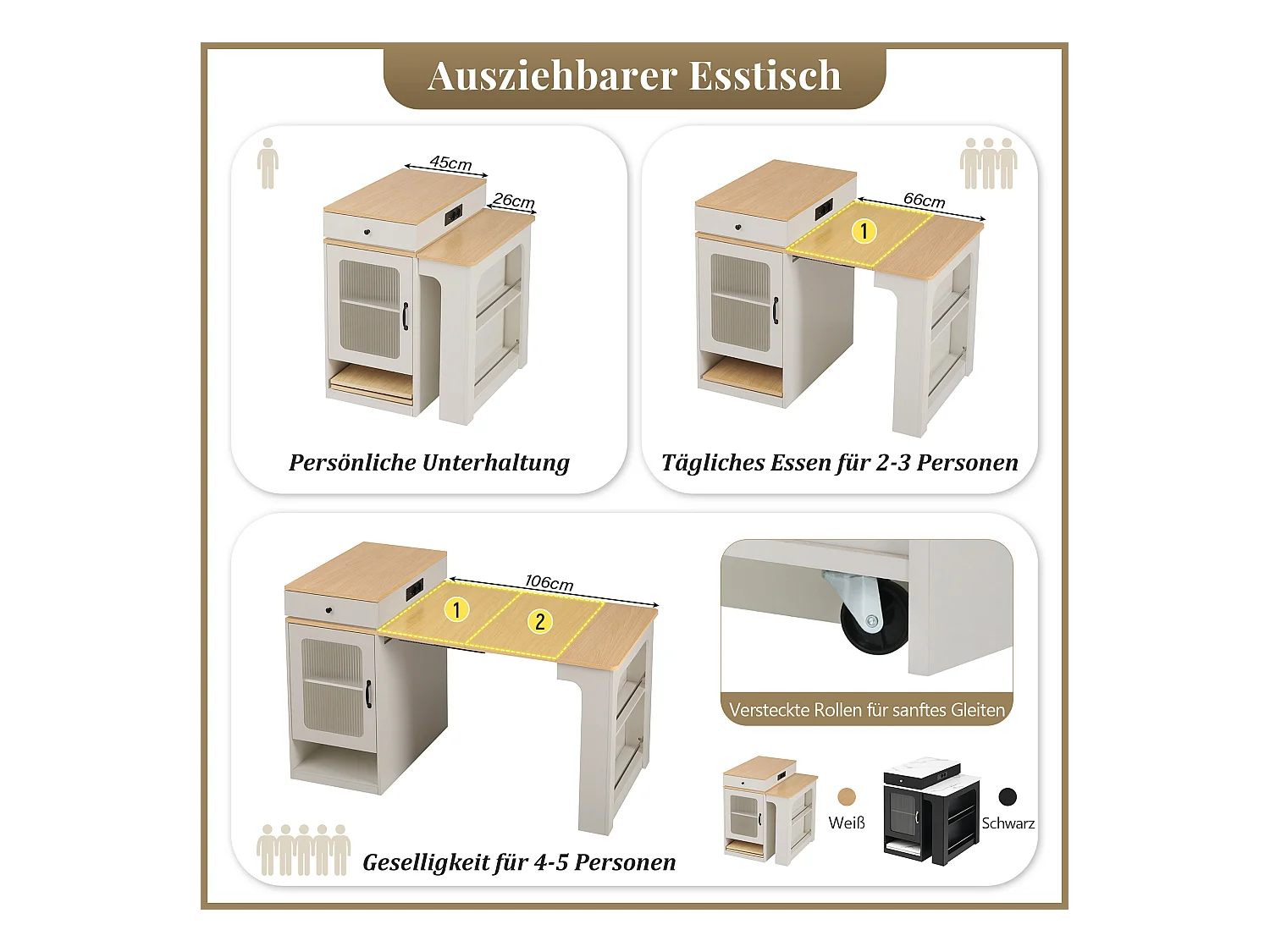 Uitschuifbare bartafel met afneembaar blad - 80 x 71/111/151 x 92 cm - met deur + lade - MDF + glas - wit + naturel