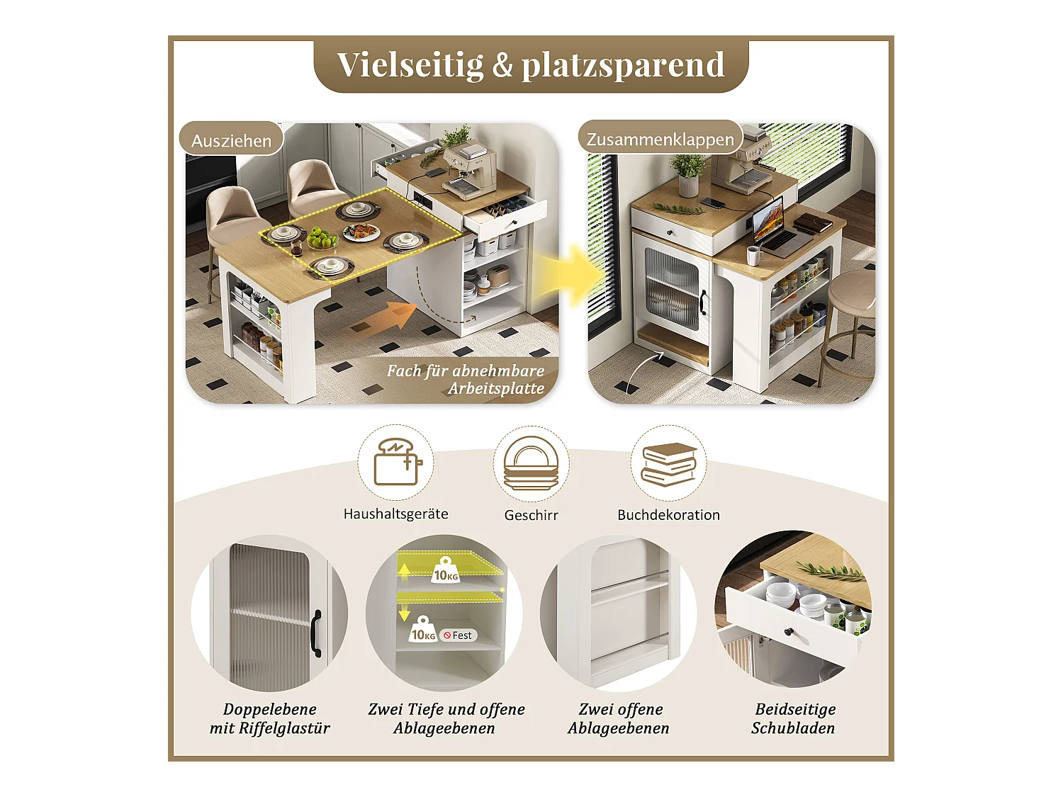 Uitschuifbare bartafel met afneembaar blad - 80 x 71/111/151 x 92 cm - met deur + lade - MDF + glas - wit + naturel