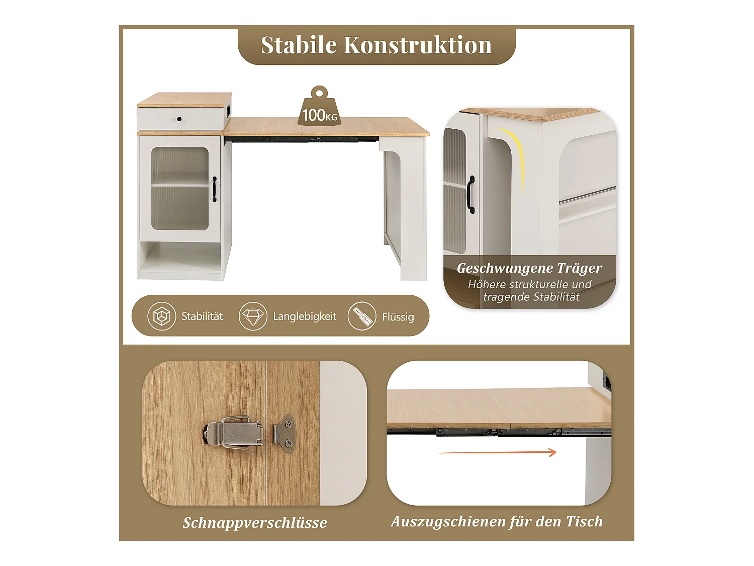 Uitschuifbare bartafel met afneembaar blad - 80 x 71/111/151 x 92 cm - met deur + lade - MDF + glas - wit + naturel