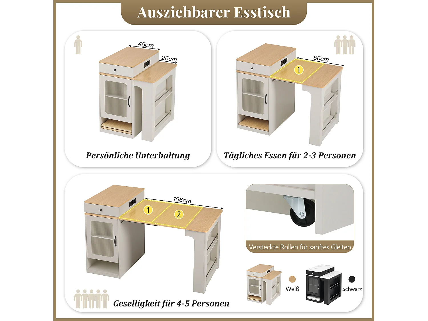 Mesa de bar extensível com tampo removível - 80 x 71/111/151 x 92 cm - com porta + gaveta - MDF + vidro - branco + natural