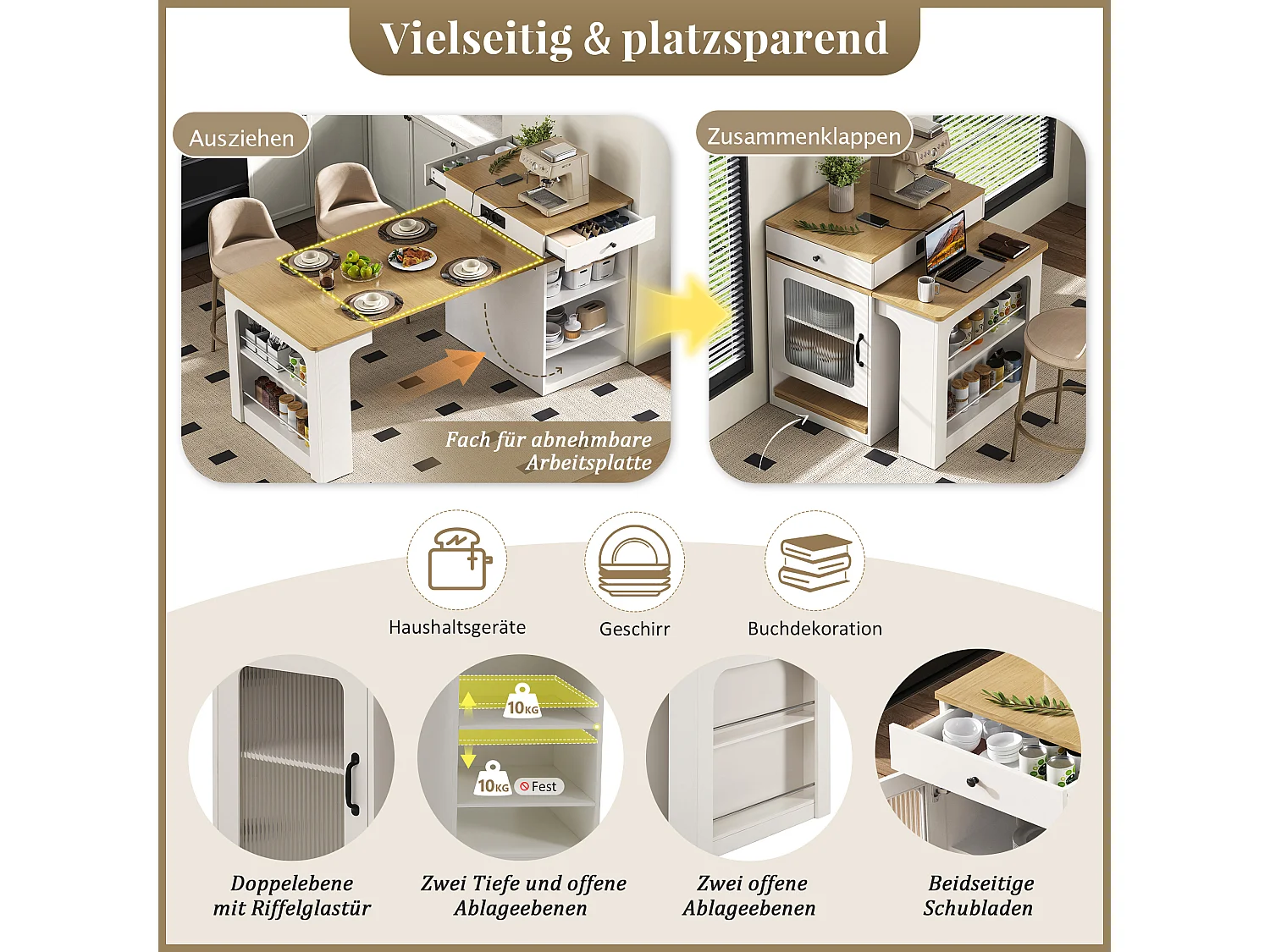 Mesa de bar extensível com tampo removível - 80 x 71/111/151 x 92 cm - com porta + gaveta - MDF + vidro - branco + natural