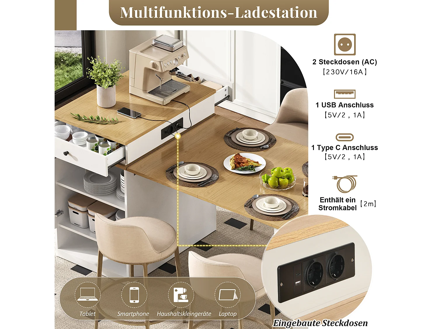 Mesa de bar extensível com tampo removível - 80 x 71/111/151 x 92 cm - com porta + gaveta - MDF + vidro - branco + natural