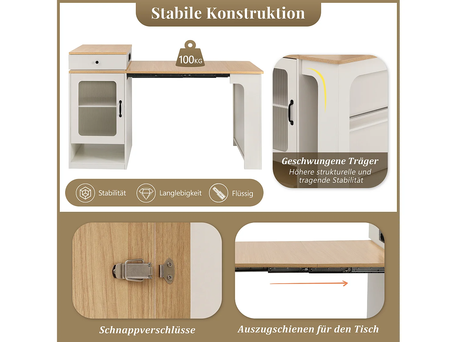 Mesa de bar extensível com tampo removível - 80 x 71/111/151 x 92 cm - com porta + gaveta - MDF + vidro - branco + natural