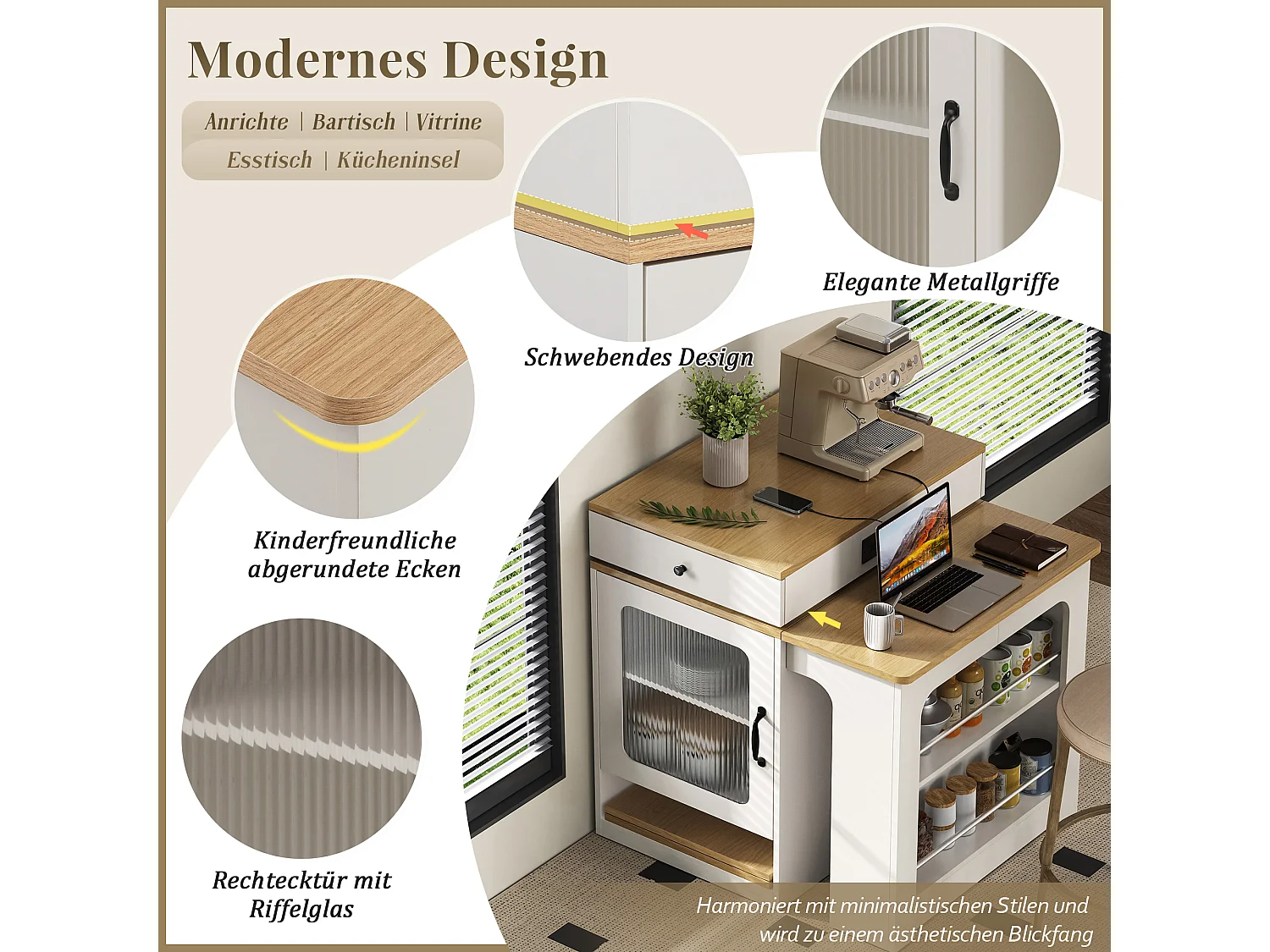 Mesa de bar extensível com tampo removível - 80 x 71/111/151 x 92 cm - com porta + gaveta - MDF + vidro - branco + natural