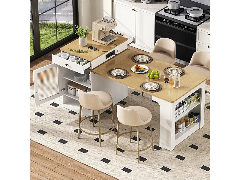 Mesa de bar extensível com tampo removível - 80 x 71/111/151 x 92 cm - com porta + gaveta - MDF + vidro - branco + natural