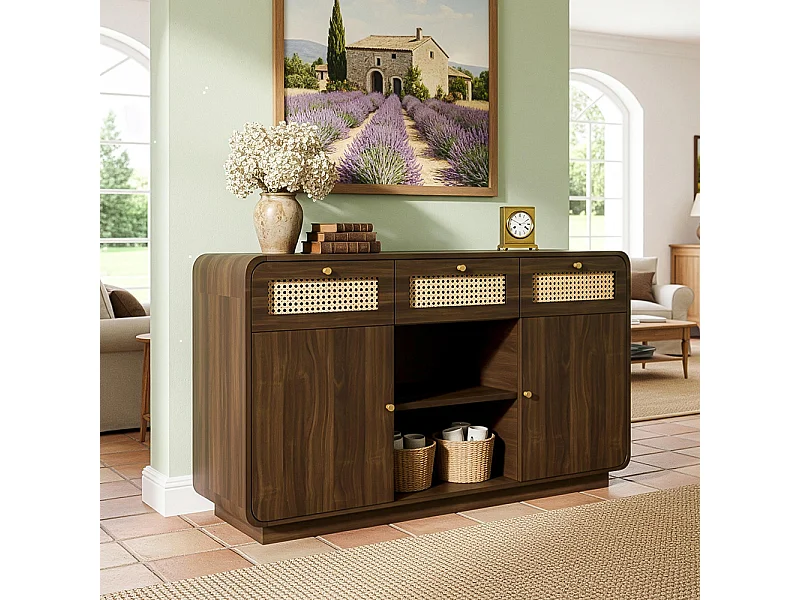 Buffet noyer 120 cm commode tiroirs poignées rotin dorées 3 tiroirs 2 armoires étagère ouverte étagères réglables hauteur