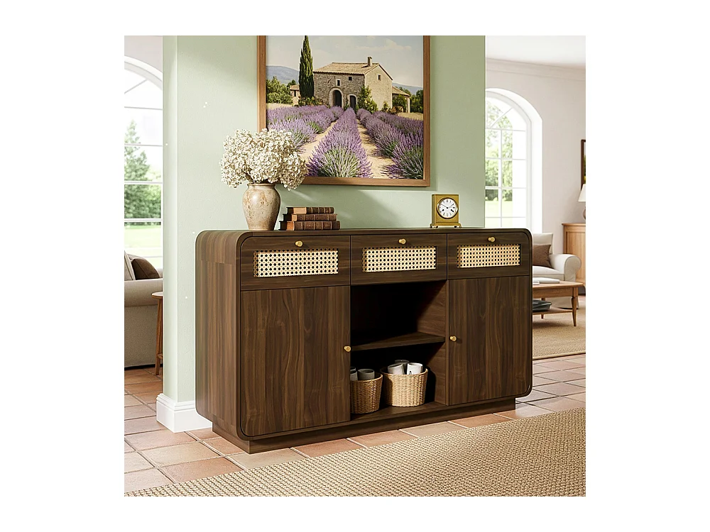 Buffet noyer 120 cm commode tiroirs poignées rotin dorées 3 tiroirs 2 armoires étagère ouverte étagères réglables hauteur