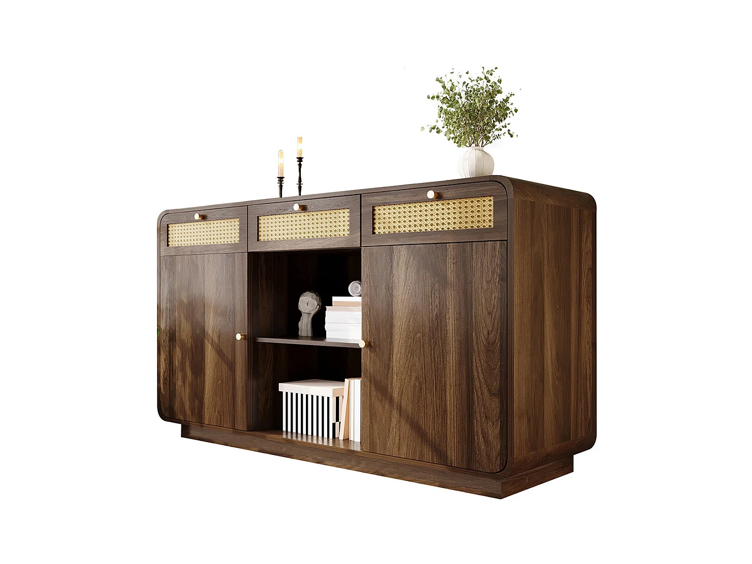 Buffet noyer 120 cm commode tiroirs poignées rotin dorées 3 tiroirs 2 armoires étagère ouverte étagères réglables hauteur