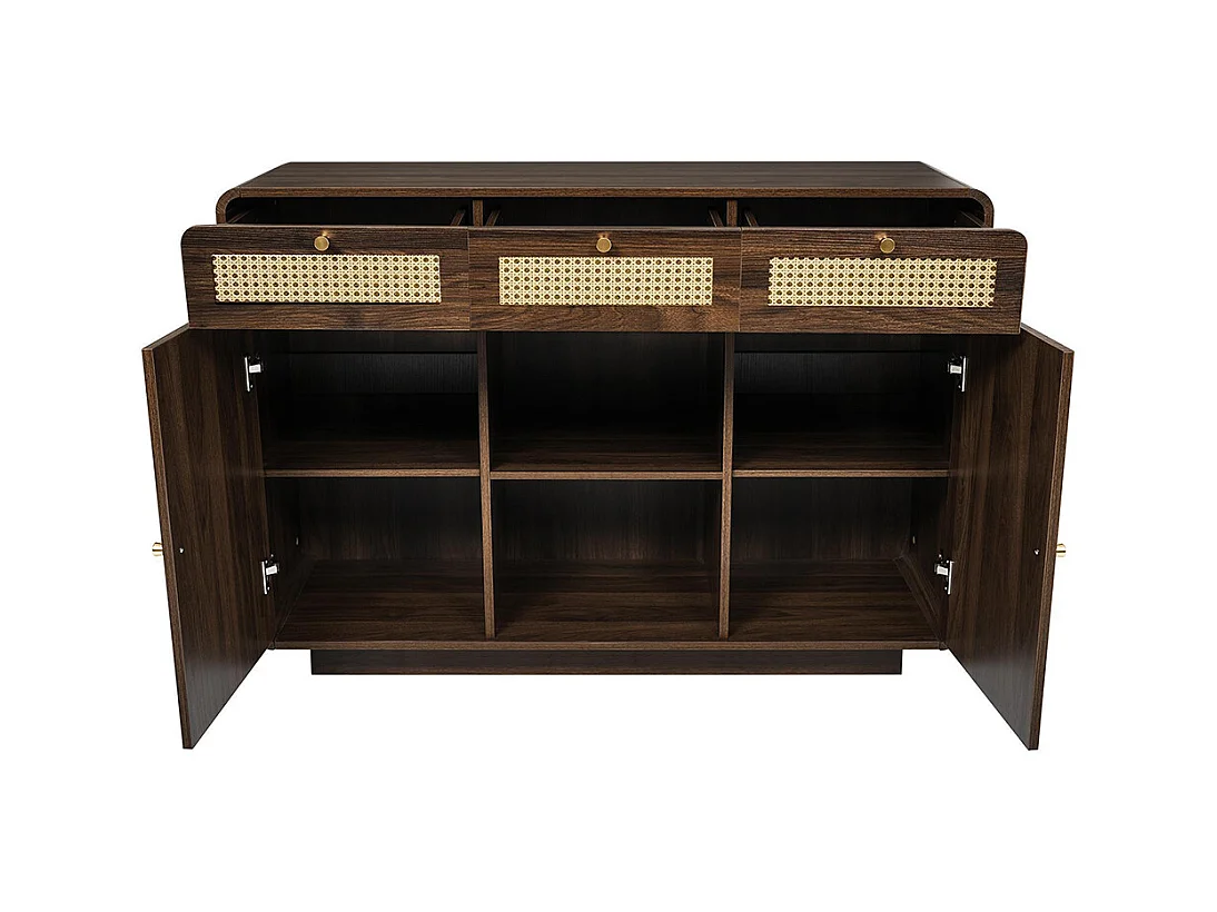 Buffet noyer 120 cm commode tiroirs poignées rotin dorées 3 tiroirs 2 armoires étagère ouverte étagères réglables hauteur